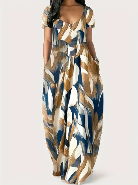 Kadın Kısa Kollu Yuvarlak Yaka Cepli Salaş Baskılı Süprem Elbise - Resim 4