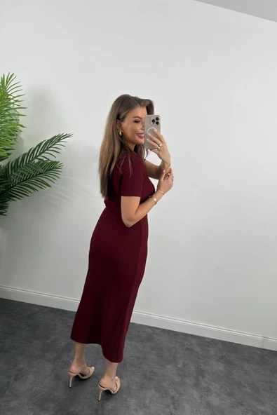 Kadın Ottoman Kumaş Likralı Düğme Tasarımlı Kısa Kol Kalem Elbise - Resim 9