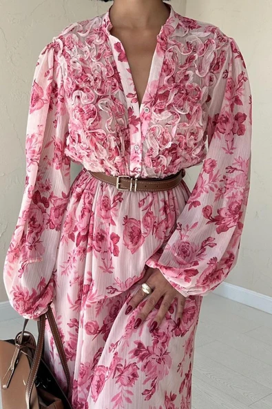 Pembe Biye Detaylı Elbise - Resim 4