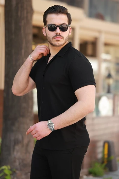 Erkek Ottoman Kumaş Apaj Yaka Kısa Kollu Gömlek - 2