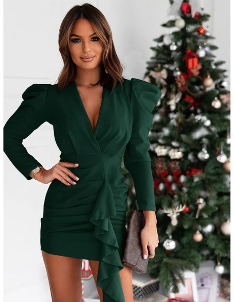 Kadın Uzun Kollu Kruvaze Yaka Karpuz Kol Eteği Fırfır Detay Krep Mini Elbise - Resim 3