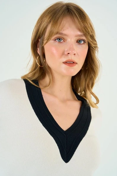 V Yaka Triko Kazak - Krem-Siyah - 5