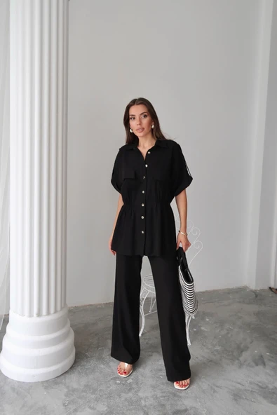 KETEN BELDEN BÜZGÜ DETAYLI GÖMLEK - PANTOLON TAKIM - Siyah - Resim 4