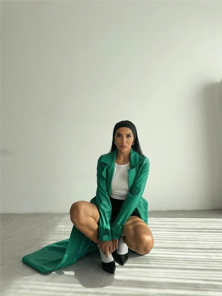 KAPİTONE DERİ TRENCH - Yeşil - Resim 2