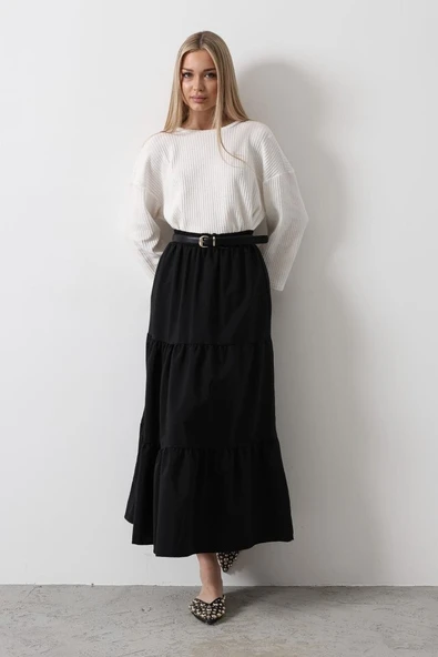 Pamuklu Beli Lastikli Etek - Siyah - Resim 2