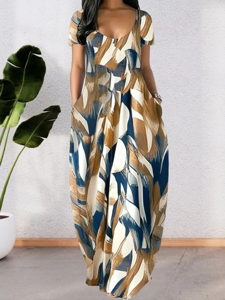 Kadın Kısa Kollu Yuvarlak Yaka Cepli Salaş Baskılı Süprem Elbise ürün görseli