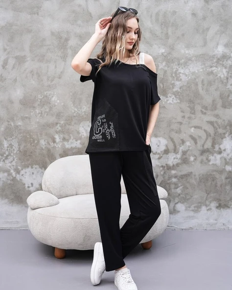 Kadın Kayık Yaka Baskı Detay Salaş Bluz Ve Yüksek Bel Pantolon Ikili Takım - Resim 2