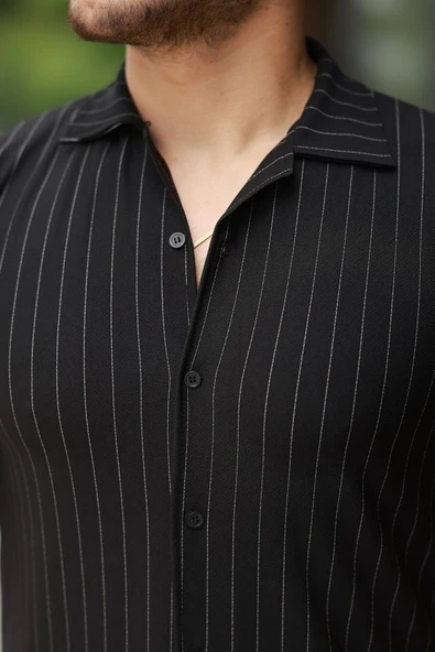Erkek Kısa Kollu çizgili Gömlek - Resim 3