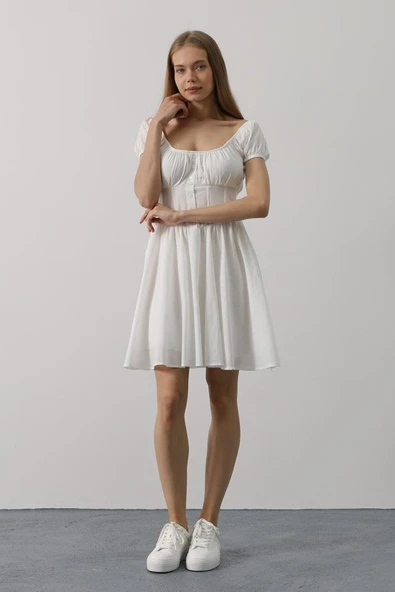 Beli Korseli Mini Elbise - Beyaz - Resim 3