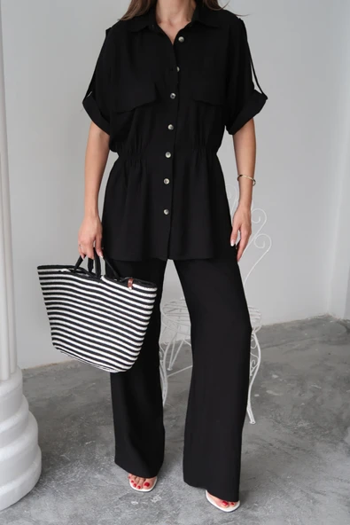 KETEN BELDEN BÜZGÜ DETAYLI GÖMLEK - PANTOLON TAKIM - Siyah - Resim 2