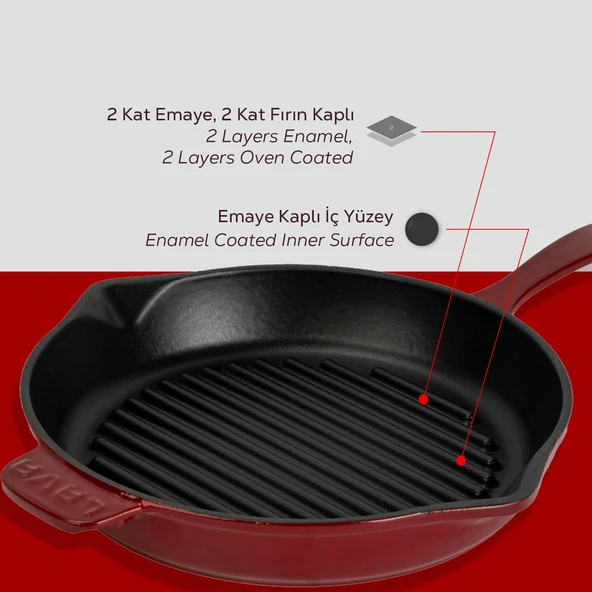 Lava Döküm Yuvarlak Izgara Tava Döküm Demir Yekpare Saplı Çap(Ø)28cm.Bordo - Resim 6