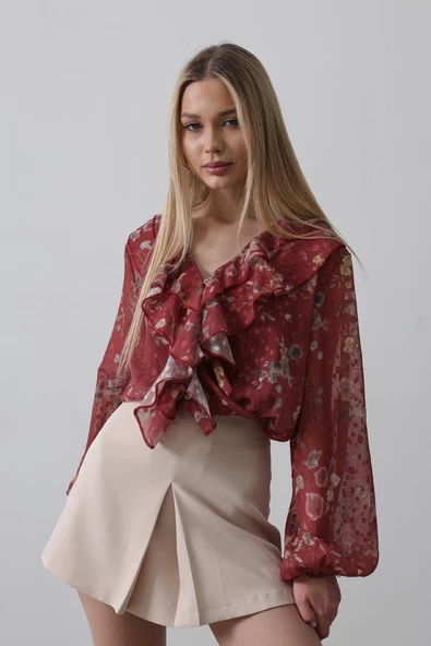Volanlı Çiçek Desen Şifon Gömlek - Bordo ürün görseli