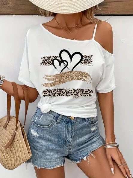 Kadın Tek Omuzu Açık Ip Askılı Baskılı Viskon Bluz - Resim 3