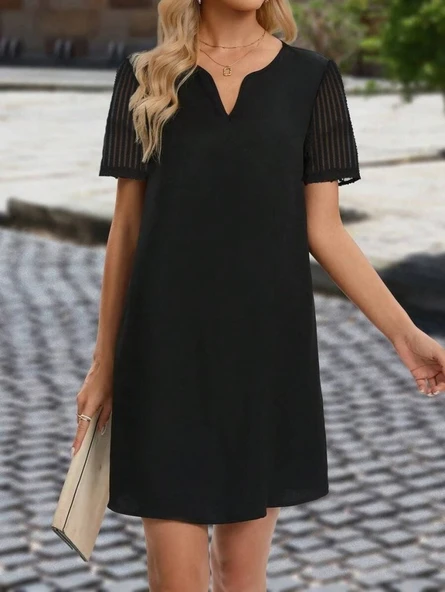 Kadın Kısa Kollu V Yakalı Kısa Janjan Krep Elbise - Resim 3