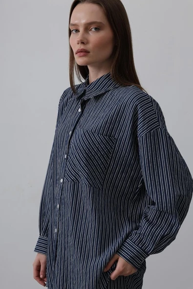 Çizgili Cep Detaylı Oversize Takım - Lacivert - 3