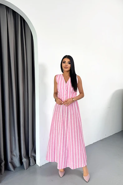 KETEN ÇİZGİLİ YELEK - UZUN ETEK TAKIM - Pembe - 1