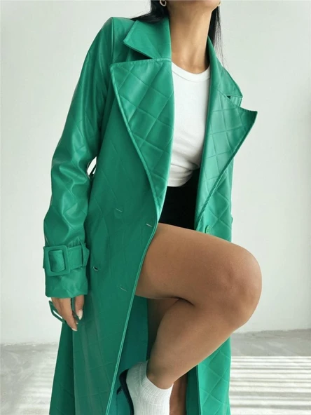 KAPİTONE DERİ TRENCH - Yeşil - Resim 4