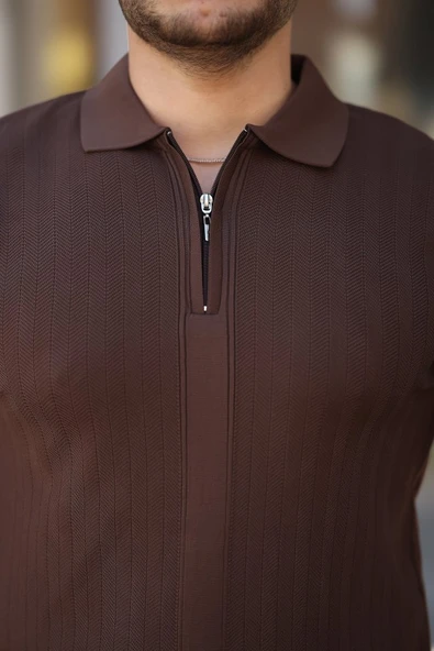 Erkek Yakası Fermuarlı Kısa Kollu T-shirt - Resim 3