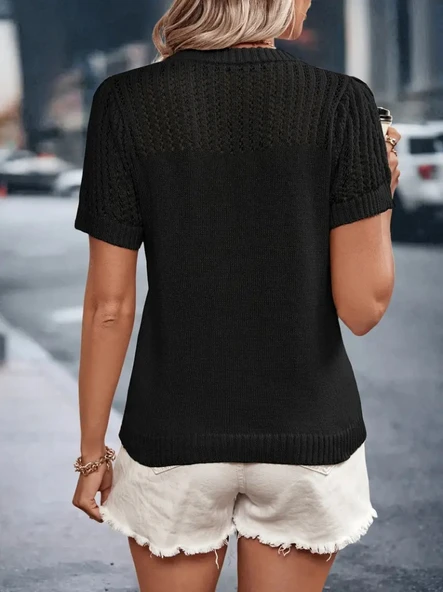 Kadın Kısa Kollu Yaka Detay Triko Bluz - Resim 2