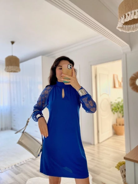 Kadın Uzun Kollu Tül Detay Sandy Mini Boy Elbise - Resim 4