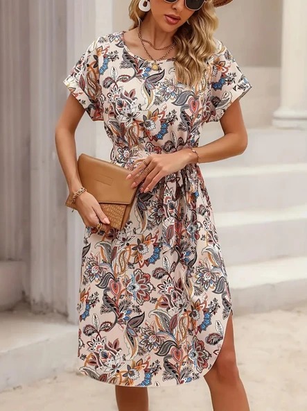 Kadın Kısa Kollu Bisiklet Yaka çiçek Desenli Kuşaklı Süprem Midi Elbise - Resim 4