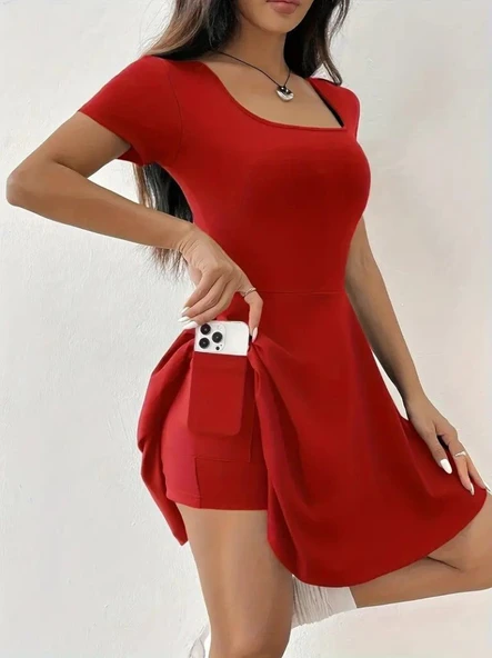 Kadın Kısa Kollu Kare Yaka Short Detaylı Cepli Dalgıç Elbise - Resim 4