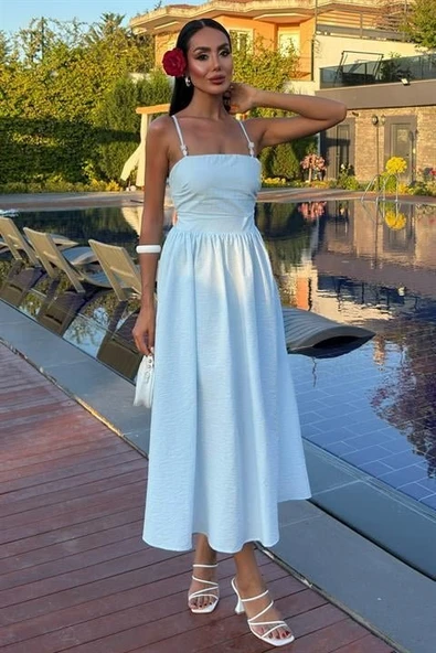 Sırtı Çapraz İpli Boncuk Detaylı Elbise 2902-08 - Resim 3