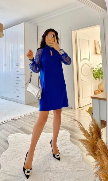 Kadın Uzun Kollu Tül Detay Sandy Mini Boy Elbise - Resim 5