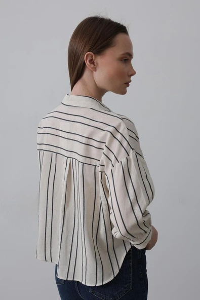 Çizgili Kısa Gömlek - Bej-Lacivert - Resim 3