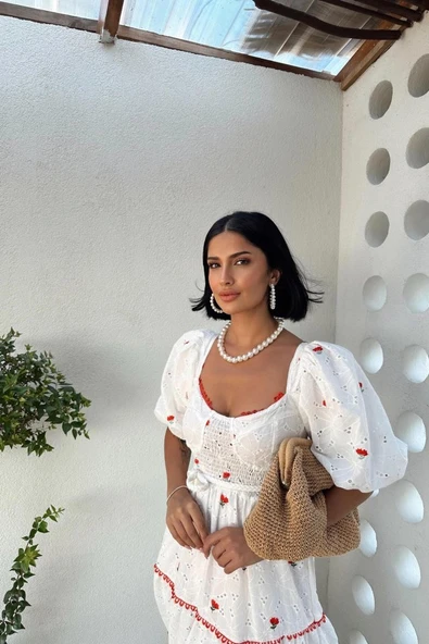 Nar Çiçeği Dantel Detaylı Brode Elbise - Resim 2