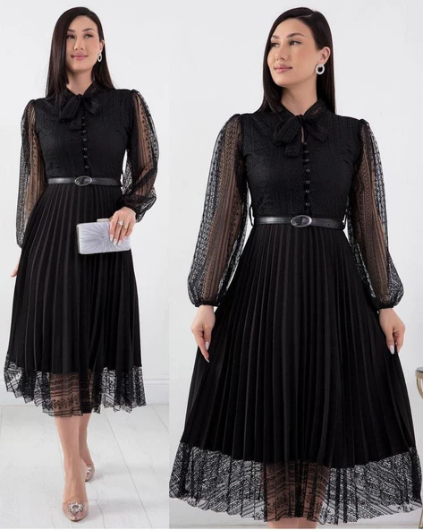 Kadın Denim Kumaş Dantel Detay Pileseli Elbise ürün görseli