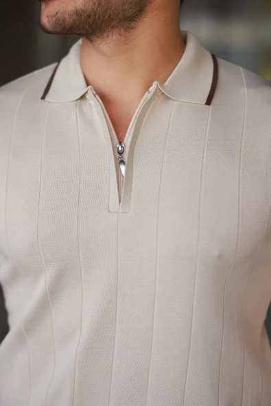 Erkek Fermuar Yakalı çizgi Dokulu Kısa Kollu Tişört - Resim 3