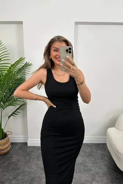 Kadın çift Yırtmaç Detaylı Sıfır Kol Midi Boy Elbise - Resim 2