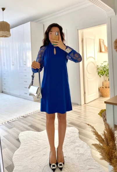 Kadın Uzun Kollu Tül Detay Sandy Mini Boy Elbise - Resim 7