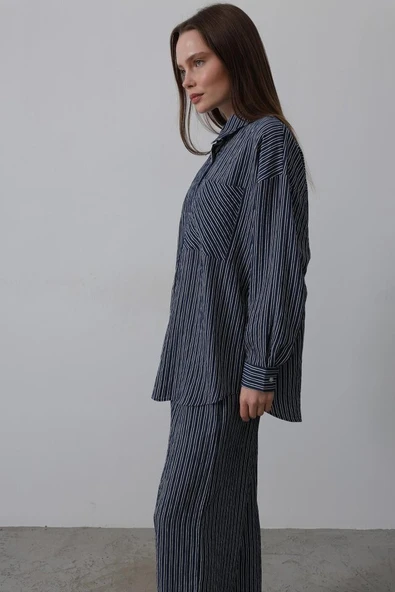 Çizgili Cep Detaylı Oversize Takım - Lacivert - Resim 4