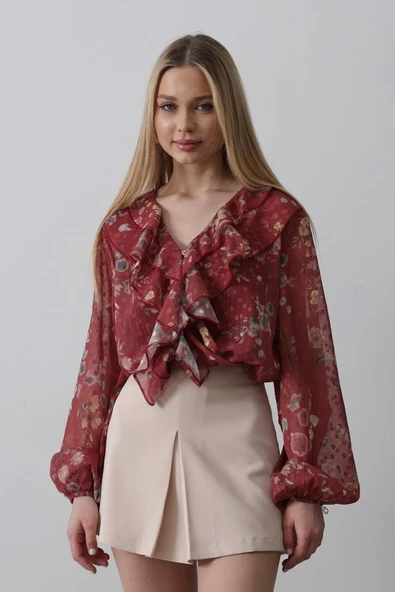 Volanlı Çiçek Desen Şifon Gömlek - Bordo - Resim 2