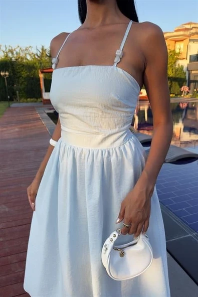 Sırtı Çapraz İpli Boncuk Detaylı Elbise 2902-08 - Resim 8