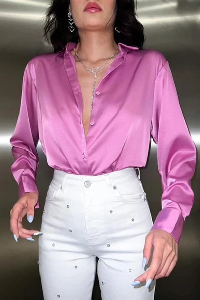 Pembe Saten Gömlek - Resim 2