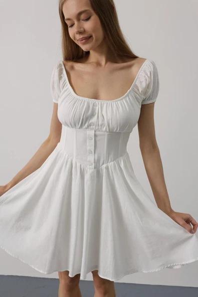 Beli Korseli Mini Elbise - Beyaz - Resim 8