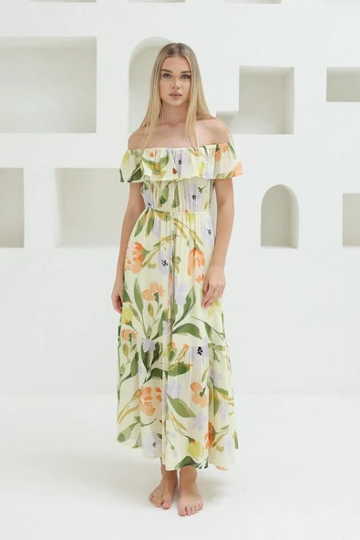 Madonna Yaka Elbise - Yeşil - Ekru - Resim 2