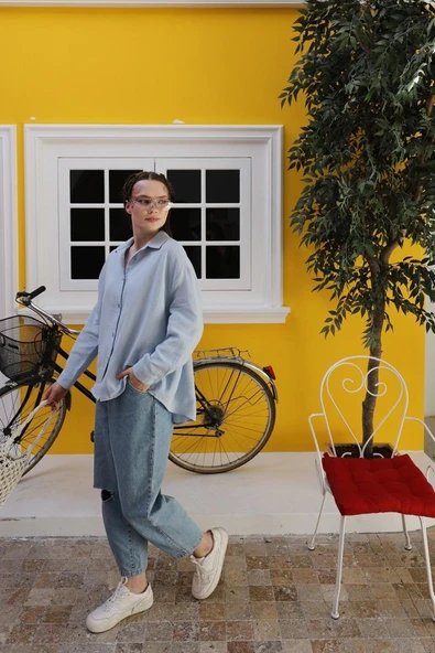 Müslin Uzun Kol Gömlek - Bebe Mavisi - Resim 7