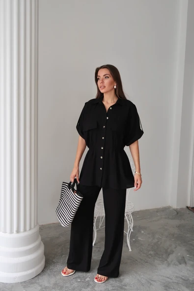 KETEN BELDEN BÜZGÜ DETAYLI GÖMLEK - PANTOLON TAKIM - Siyah - Resim 3
