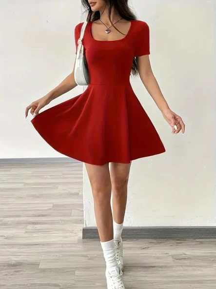 Kadın Kısa Kollu Kare Yaka Short Detaylı Cepli Dalgıç Elbise - Resim 2