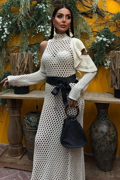 Saten Kuşaklı Ajurlu Triko Elbise 2847 ürün görseli