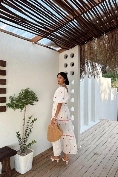 Nar Çiçeği Dantel Detaylı Brode Elbise - Resim 3