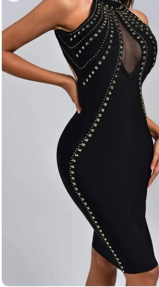 Kadın Dalgıç Kumaş Taş Detaylı Mini Boy Elbise - Resim 5