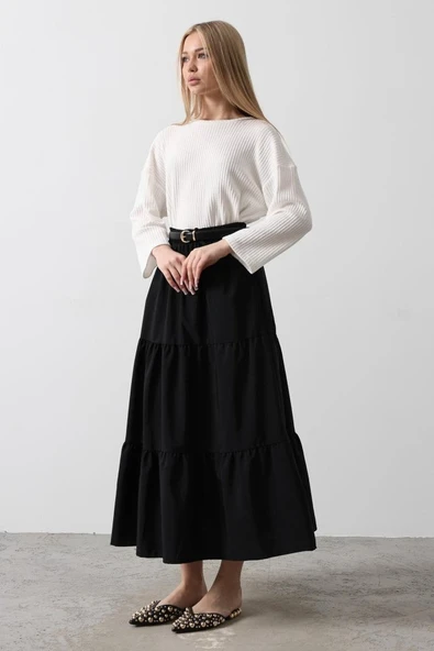 Pamuklu Beli Lastikli Etek - Siyah - Resim 5