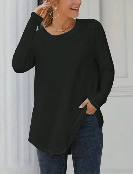 Kadın Uzun Kollu Yuvarlak Yaka Salaş Iki Iplik Bluz ürün görseli