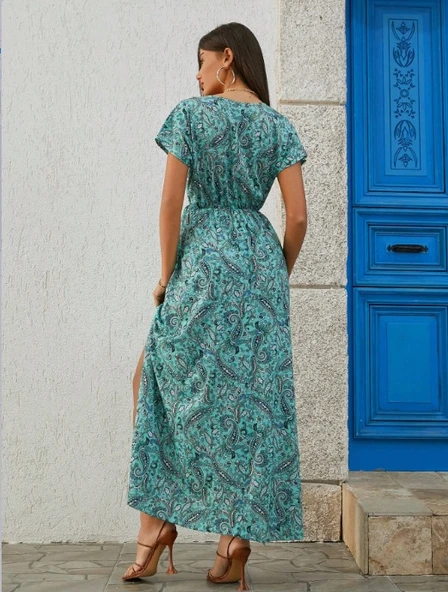 Kadın Kısa Kollu V Yaka Etnik Desenli Yırtmaç Detay Süprem Elbise (kemersiz) - Resim 7