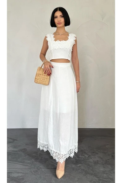 Beyaz Güpürlü Crop Ve Etek Takım ürün görseli
